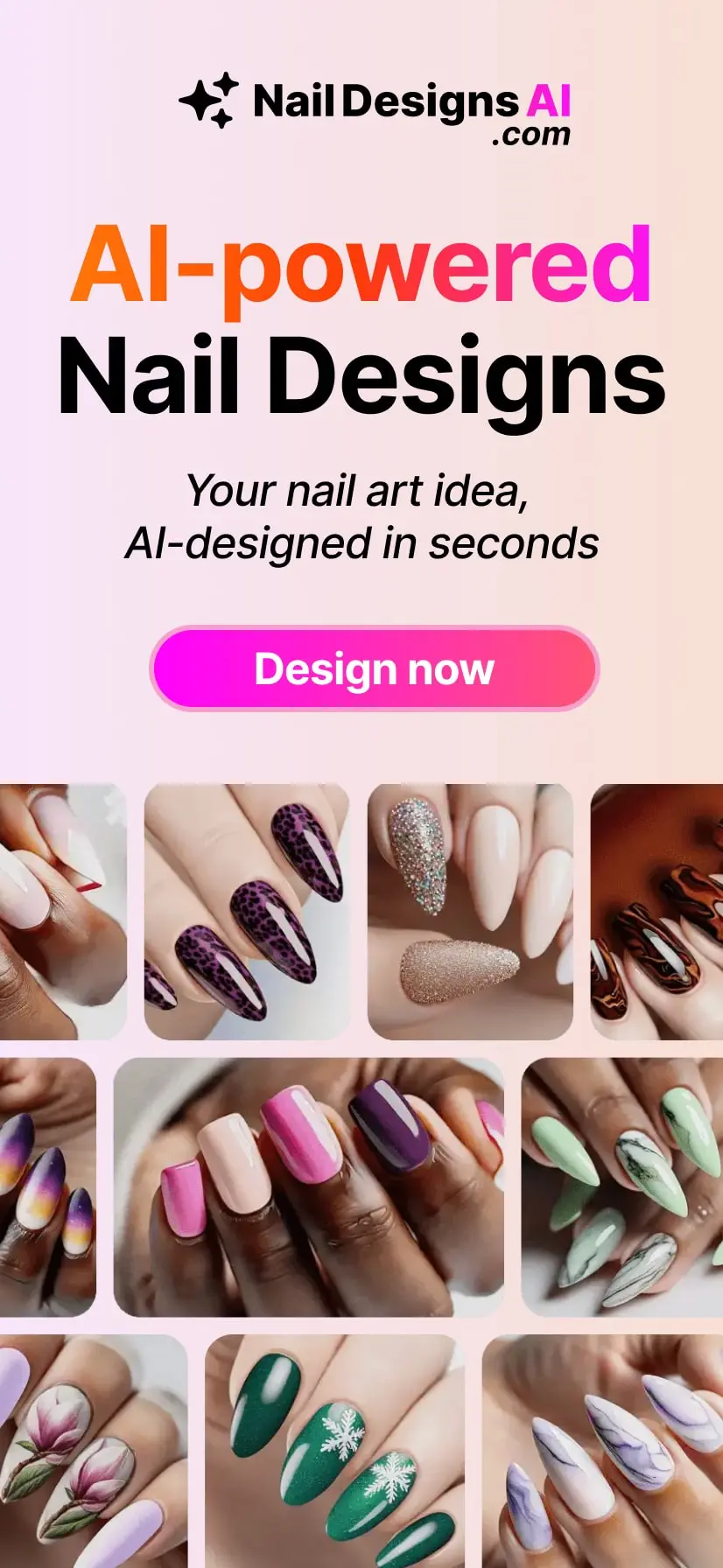 naildesignsai.com - AI-powered Nail Designs. Simply describe your nail art idea—any shape, color, or style—and our AI bring it to life in seconds